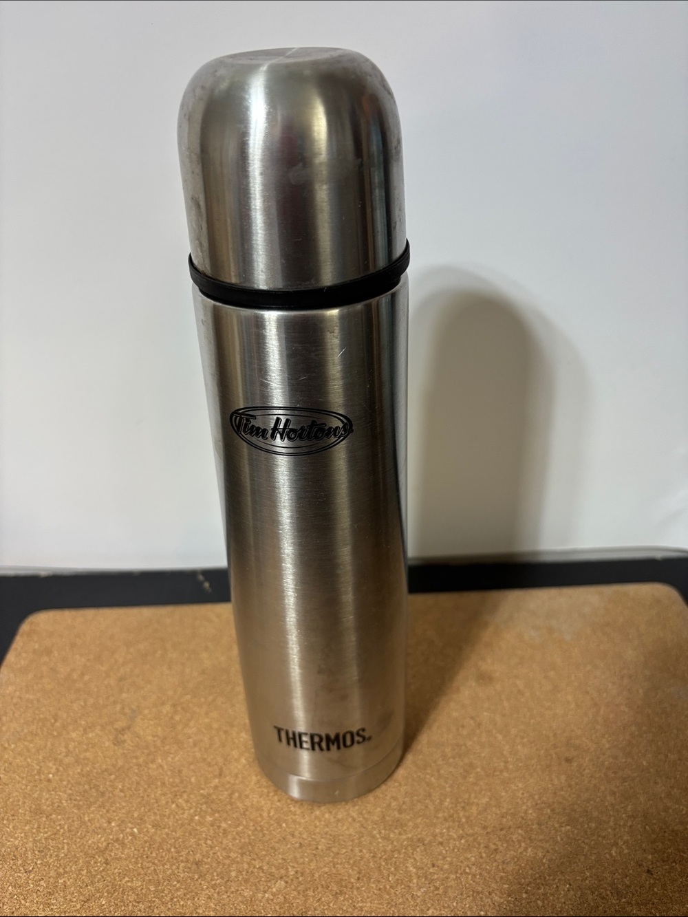 Vintage Tim Hortons 12” Stainless Steel Thermos - Silver Lids Like New